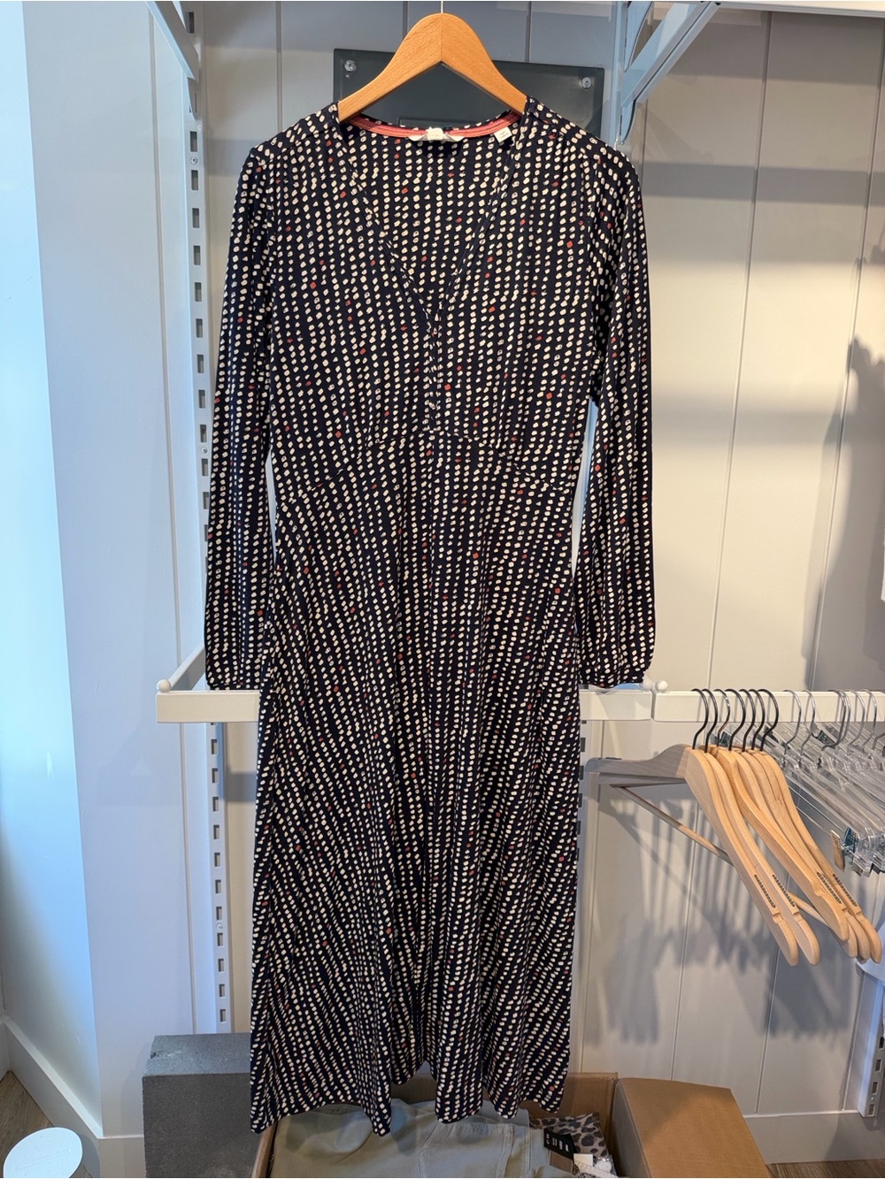 Long Sleeve Navy Dot-Print Midi Dress
